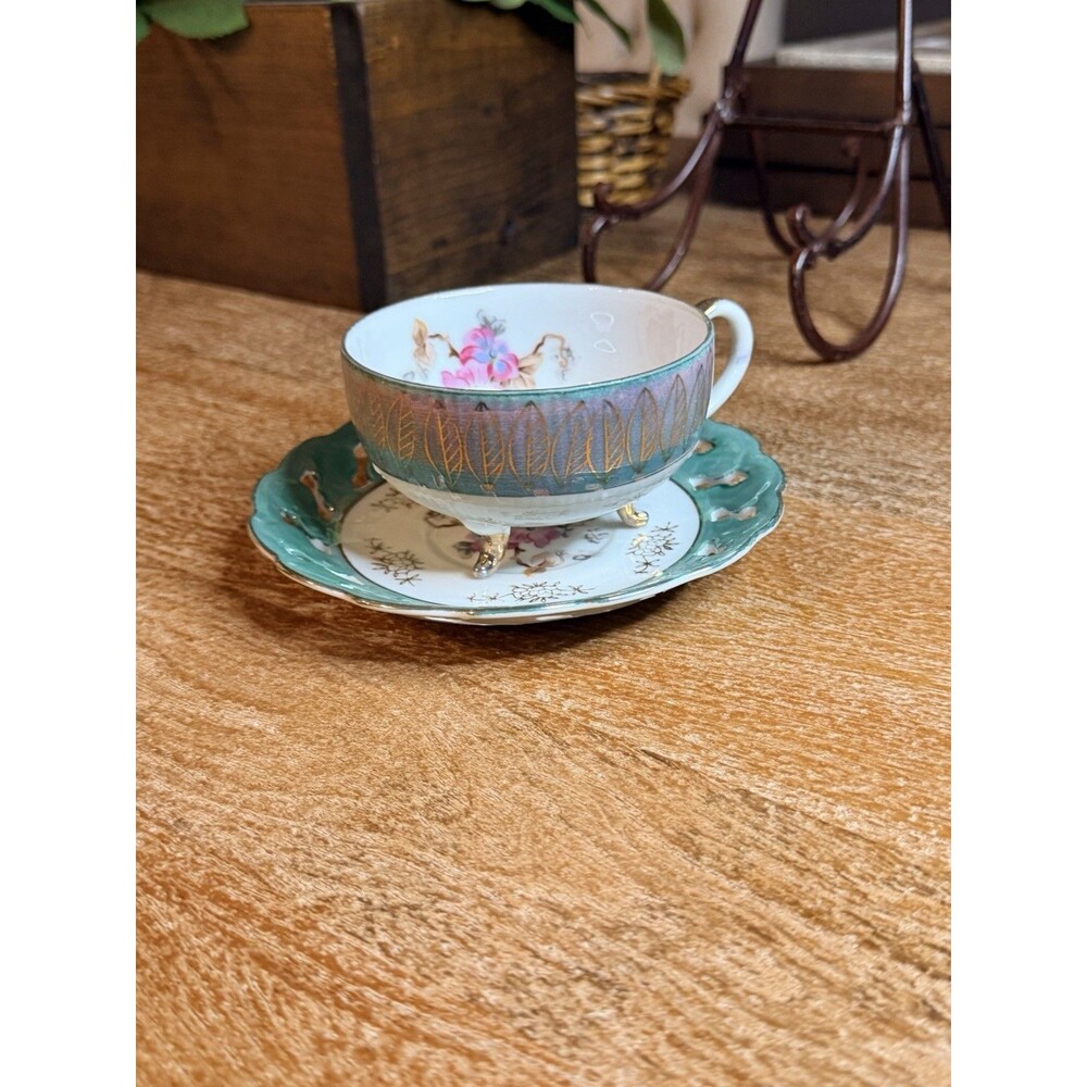 Vintage Teal & Gold 3 Footed Teacup Saucer Japan